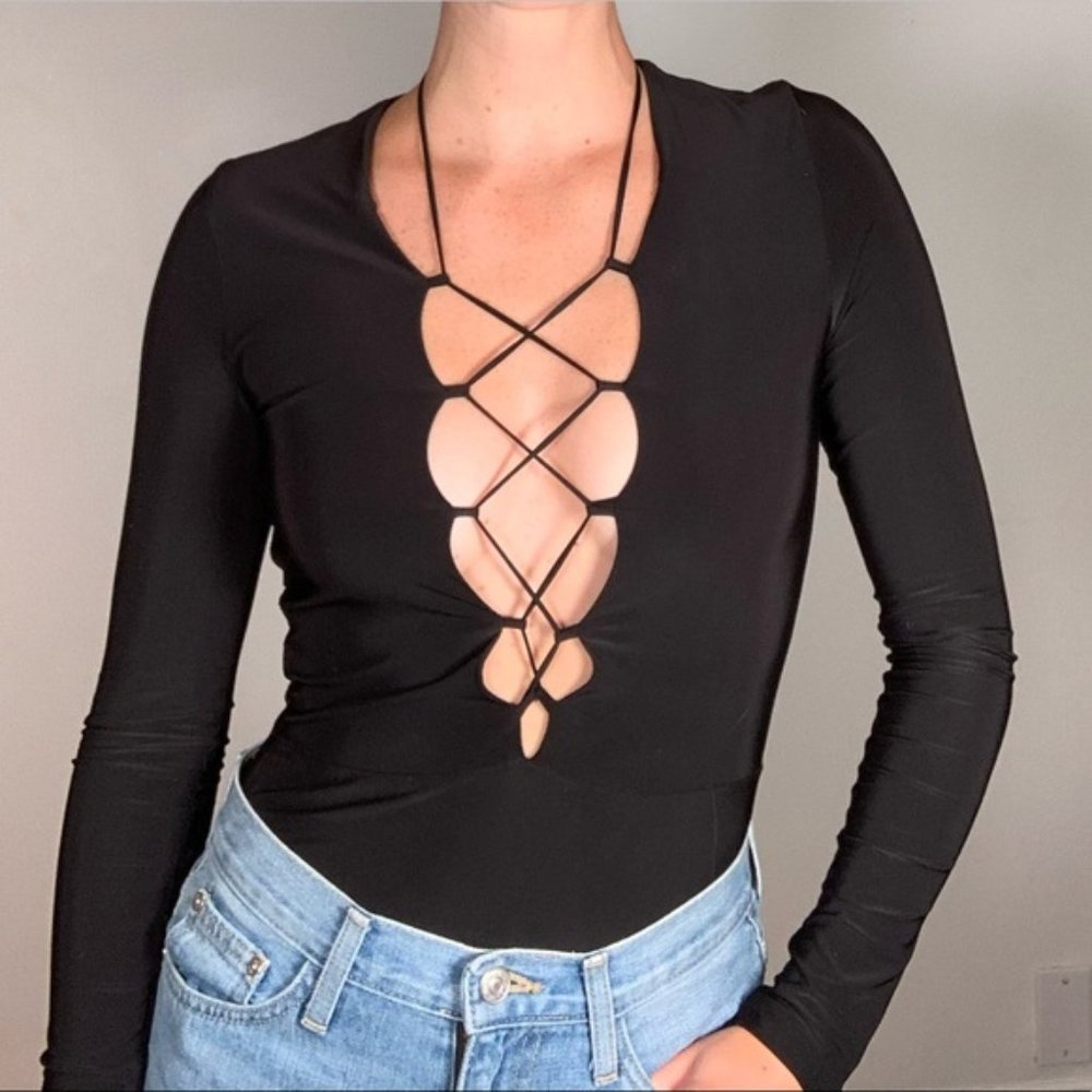 Black long-sleeve lace-up body suit